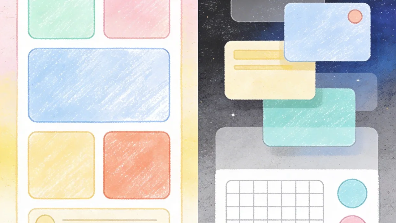 Hình minh họa chế độ xem chia đôi cho thấy sự thích ứng của hệ thống màu sắc giao diện từ chế độ sáng sang tối.