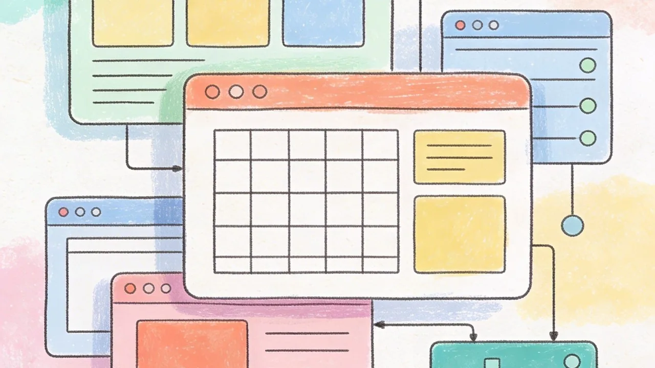 Các thẻ kỹ thuật số xếp lớp và khung trình duyệt đại diện cho bố cục tạo sinh trong AI thiết kế.