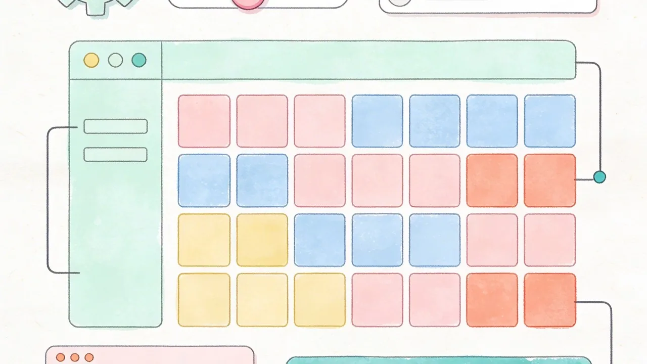 A conceptual illustration of design automation systems using abstract UI elements and grids.