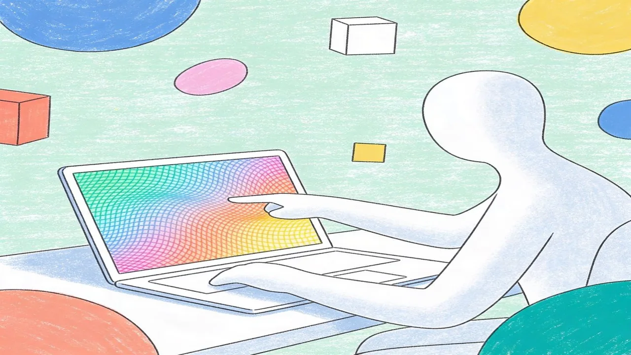 Types of gradients - mesh gradient trend 2026 with figure and laptop in modern style (no my keywords is types of gradients