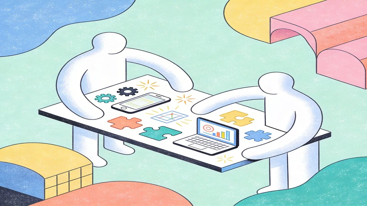 Tốc độ vượt trội: Làm chủ AI Prototyping từ con số 0 đến Wireframe trong 30 giây 2 Abstract figures using various digital tools to master AI prototyping for web and mobile apps.